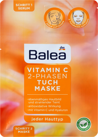 Balea Tuchmaske Vitamin C 2-Phasen Балеа Маска антиоксидантная для лица для ровного сияния кожи с Витамином С и Гиалуроном, 1 шт.