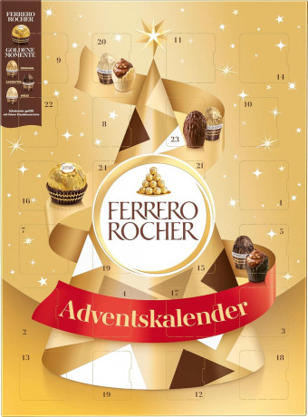 Ferrero Rocher Goldene Momente Advent Calendar, Адвент-календарь 2025 «Золотые мгновения», 24 сладких сюрприза, 44 см x 32 см, 258 грамм