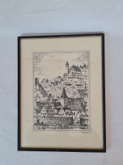 Картина винтажная в черно-белых тонах &quot;г. Хиршхорн&quot; O.W.Pfilze, 31 x 41 см, Германия, 1960-70гг.