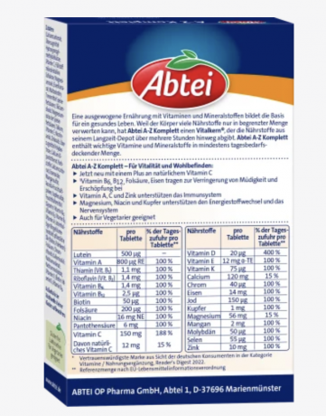 Abtei A-Z Complete 40st Мультивитамины От А до Z Komplette в таблетках, на 100% покрывают суточную потребность, 40 шт