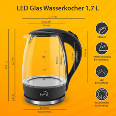 T24 T24 Wasserkocher Glas Wasserkocher 1,7 L BPA frei THV Rheinland GS Zertifiziert, 1.7 l, 2200 W  Чайник T24 стеклянный чайник 1,7 л, без BPA, сертифицирован THV Rheinland GS, 1,7 л, 2200 Вт