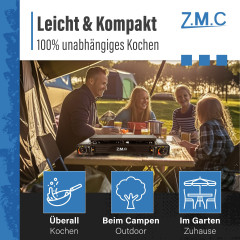 ZMC ZMC Gaskocher PREMIUM 2 flammig Campingkocher Gaskocher Grillplatte+4x Gaskartusche, (Grill Platte Tischgrill Doppel Gasbrenner Gasgrill Kochfeld mit Piezozundung Warmeleistung: 2,0KW), Butan Gas 227g Gaskocher Outdoor Camping Gas Kocher Herd Butangas