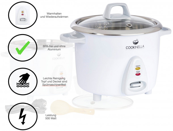 KeMar Kitchenware KeMar Kitchenware Reiskocher KRC-200, 500 W, Innentopf aus Edelstahl, Glasdeckel, Bambusloffel  Кухонная плита KeMar KRC-200, 500 Вт, внутренняя кастрюля из нержавеющей стали, стеклянная крышка, бамбуковая ложка