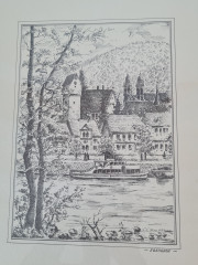 Картина винтажная в черно-белых тонах &quot;г. Эбербах&quot; O.W.Pfilze, 31 x 41 см, Германия, 1960-70гг.