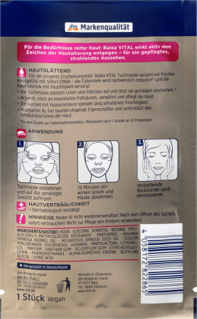 Balea Vital Tuchmaske Балеа Маска для лица с Гиалуроном, Аргановым маслом против морщин, 1 шт.