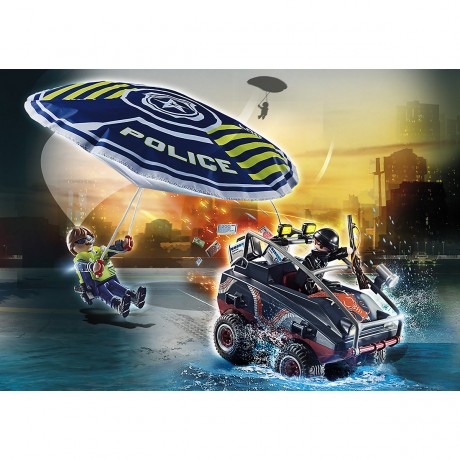 PLAYMOBIL 2er Set: Polizei-Fallschirm: Verfolgung des Amphibien-Fahrzeugs + 70648 Schlusselanhanger Polizist Набор из 2 предметов: полицейский парашют: погоня за амфибией + 70648 брелок для полицейских