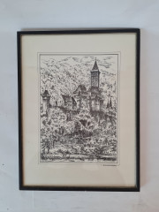 Картина винтажная в черно-белых тонах &quot;г. Цвингенберг&quot; O.W.Pfilze, 31 x 41 см, Германия, 1960-70гг.
