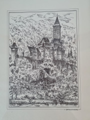 Картина винтажная в черно-белых тонах &quot;г. Цвингенберг&quot; O.W.Pfilze, 31 x 41 см, Германия, 1960-70гг.
