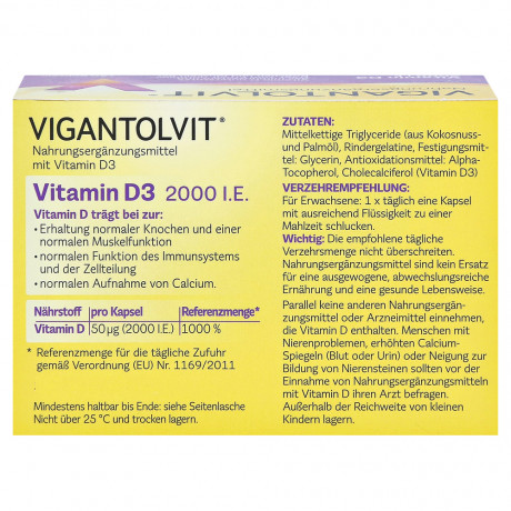 Vigantolvit 3stk x 60kap Вигантолвит Германия Витамин D3 2000 I.E., 3 упаковки x 60 капсул (180 капсул)