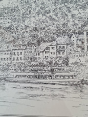 Картина винтажная в черно-белых тонах &quot;г. Неккарштайнах&quot; O.W.Pfilze, 31 x 41 см, Германия, 1960-70гг.
