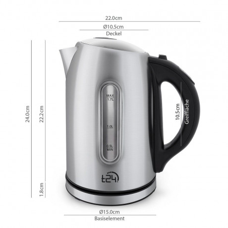 T24 T24 Wasserkocher T24 Wasserkocher 2200W Teekocher Edelstahl 1,7L Kabellos LED, 1,7 l, 2200 W, 360° Schwenksocke  Ergonomischer Griff  LED-Beleuchtung  Temperaturauswahl  Uberhitzungsschutz  Warmhaltefunktion  Чайник T24 Чайник T24 Чайник 2200 Вт, нерж