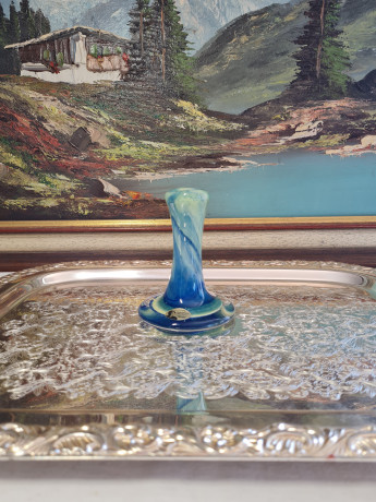 Подсвечник винтажный Glaskünstler Peter Kaspar, стеклянный в  зелено-голубых тонах, 10,5 x 8 см, Германия, 1960-70гг.