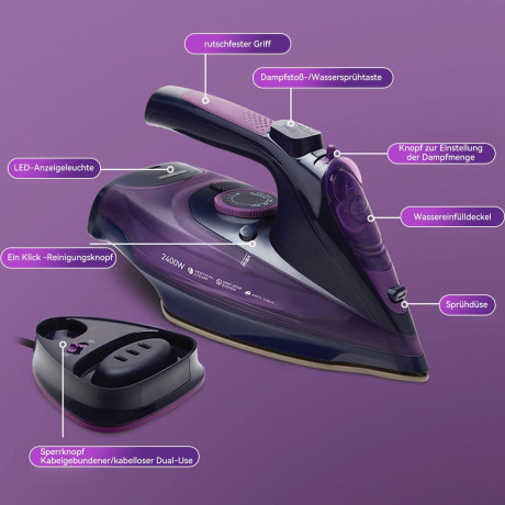 Hikeren Hikeren Dampfbugeleisen 2400 W Kabelloses Dampfbugeleisen, Kapazitat 360ML Паровой утюг Hikeren, беспроводной паровой утюг мощностью 2400 Вт, емкость 360 мл.