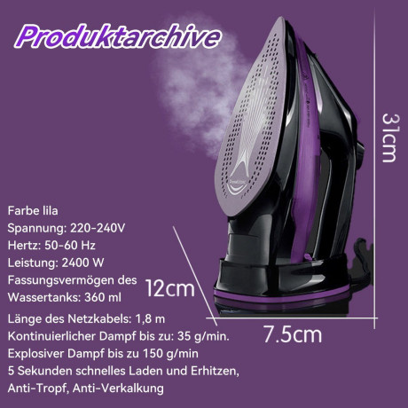 Hikeren Hikeren Dampfbugeleisen 2400 W Kabelloses Dampfbugeleisen, Kapazitat 360ML Паровой утюг Hikeren, беспроводной паровой утюг мощностью 2400 Вт, емкость 360 мл.