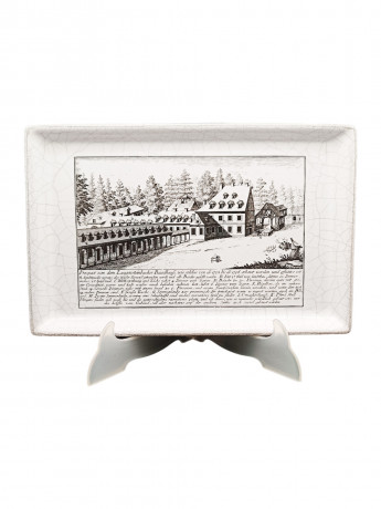Поднос винтажный Karlsruhe "Проспект Лангетштайнбахера в 1725 году", майолика, кракелюр / чб декор, керамика, 30 х 19 см, Германия, 1970-80гг.