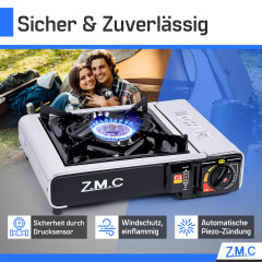 ZMC ZMC Gaskocher Edelstahl 1 flammig Campingkocher Gaskocher Grillplatte+4 Gaskartusche, (Grill Platte Tischgrill Doppel Gasbrenner Gasgrill Kochfeld mit Piezozundung Warmeleistung: 2,2KW), Butan Gas 227g Gaskocher Outdoor Camping Gas Kocher Herd Butanga
