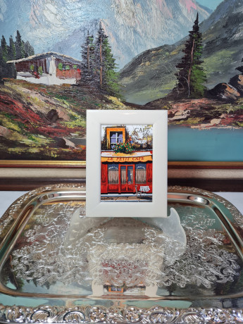 Картина винтажная ZODay "Кафешка", в белой раме, 16,5 x 12,5 см, Германия, 1960-70гг.