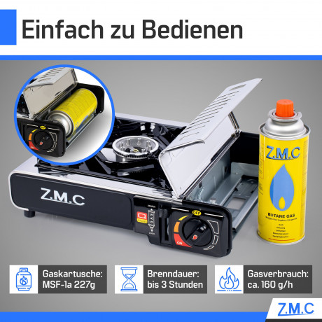 ZMC ZMC Gaskocher Edelstahl Gaskocher 1-flammig + Aufbewahrungskoffer + 20 Gaskartuschen, (Butangas Campingkocher fur Innenraum/Outdoor, Campinggaskocher 2,2 kW mit Piezozundung), Kochfeld Herd Gaskocher mit Kartusche, Gaskochfeld fur Camping  Газовая пли
