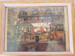 Картина винтажная &quot;Стена дома у реки&quot; Egon Schiele, деревянная рама, 22 x 17 см, Германия, 1960-70гг.