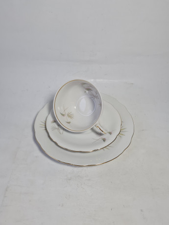 Чайное трио винтажное Bareuther Bavaria с зеленым ботаническим декором, фарфор, Германия, 1970-80гг.