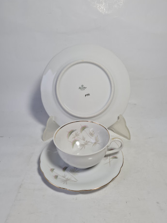 Чайное трио винтажное Bareuther Bavaria с зеленым ботаническим декором, фарфор, Германия, 1970-80гг.