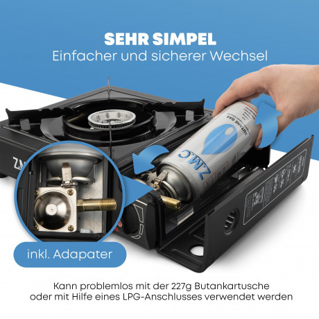 ZMC ZMC Gaskocher 2in1 Campingkocher Grillplatte mit Piezozundung + 24x Gaskartuschen, (Grillplatte Tischgrill Transportkoffer Gasbrenner Gasgrill Kochfeld LPG Anschluss Schwarz Warmeleistung: 2,2KW), Butan Gas 227g Campingkocher Outdoor Camping Gas Koche