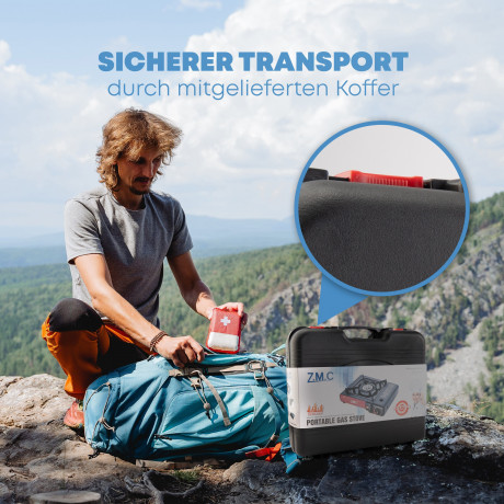 ZMC ZMC Gaskocher 2in1 Campingkocher Grillplatte mit Piezozundung + 24x Gaskartuschen, (Grillplatte Tischgrill Transportkoffer Gasbrenner Gasgrill Kochfeld LPG Anschluss Schwarz Warmeleistung: 2,2KW), Butan Gas 227g Campingkocher Outdoor Camping Gas Koche