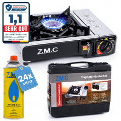 ZMC ZMC Gaskocher Edelstahl Gaskocher 1-flammig + Aufbewahrungskoffer + 24 Gaskartuschen, (Butangas Campingkocher fur Innenraum/Outdoor, Campinggaskocher 2,2 kW mit Piezozundung), Kochfeld Herd Gaskocher mit Kartusche, Gaskochfeld fur Camping  Газовая пли