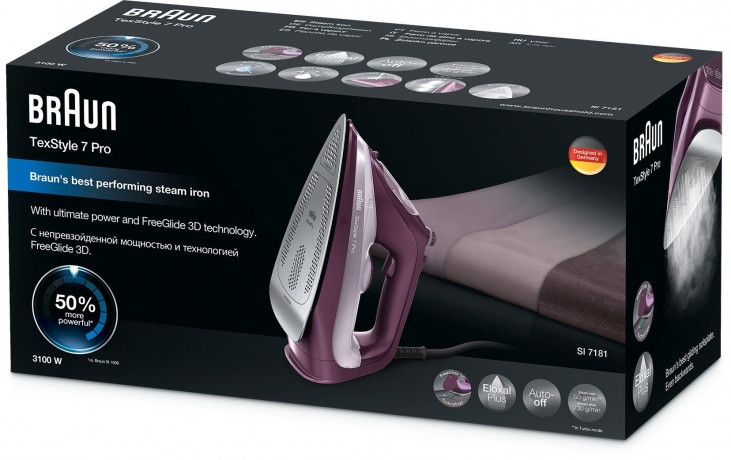 Braun Braun Dampfbugeleisen TexStyle 7 SI 7181 VI, 3100 W, mit FreeGlide 3D Bugelsohle, Violett  Паровой утюг Braun TexStyle 7 SI 7181 VI, 3100 Вт, с подошвой FreeGlide 3D, фиолетовый
