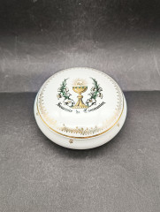 Шкатулка-бонбоньерка винтажная Porcelain De Luxe &quot;Сувенир о причастии&quot;, фарфор, 13 х 6 см, Франция, 1950-60гг.
