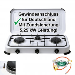 BlueCraft BlueCraft Gaskocher, (inkl. Schlauch 100cm und Manometerregler 50mbar), 3-flammig Campingkocher Gasherd mit Zundsicherung  Газовая плита BlueCraft (включая шланг 100 см и манометр-регулятор 50 мбар), 3 пламени походная газовая плита с предохрани