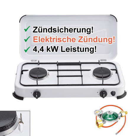 BlueCraft BlueCraft Gaskocher imit elektrischer Zundung, (Gas-Kochfeld 2 flammen Propangas mit Schlauch und Druckminderer), Campingkocher 2-flammig, mit Zundsicherung Gasregler mit Manometer  Газовая плита BlueCraft с электроподжигом, (газовая плита, 2 пл