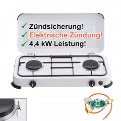 BlueCraft BlueCraft Gaskocher imit elektrischer Zundung, (Gas-Kochfeld 2 flammen Propangas mit Schlauch und Druckminderer), Campingkocher 2-flammig, mit Zundsicherung Gasregler mit Manometer  Газовая плита BlueCraft с электроподжигом, (газовая плита, 2 пл