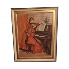 Картина винтажная K.Ferd.Heckel &quot;Девушка и учительница игры на фортепиано&quot;, в деревянной раме, 67 x 55 см, Германия, 1960-1970гг.
