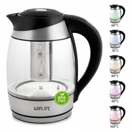 Sparsando Sparsando Wasserkocher Glaswasserkocher Edelstahl mit LED-Temperaturanzeigebeleuchtung, 1.8 l, 2200,00 W, 23Lx16Bx25Hcm mit Temperatureinstellung 60-100°C  Чайник Sparsando стеклянный чайник из нержавеющей стали со светодиодной подсветкой темпер
