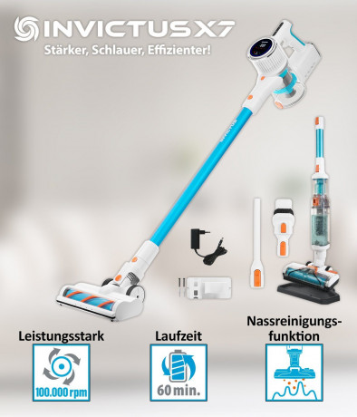 Genius Genius Akku-Hand-und Stielstaubsauger INVICTUS X7 Facelift Akkustaubsauger Set 20-tlg. Nass-Trockensauger, beutellos, Kombi-Burste Reinigungs-Aufbewahrungsstation bis 60 Min Laufzeit Беспроводной ручной пылесос Genius INVICTUS X7 Набор беспроводны