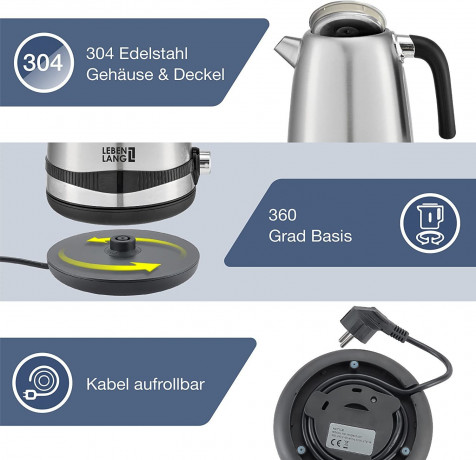 Lebenlang Lebenlang Wasserkocher Edelstahl mit Digitalanzeige, Temperatur frei wahlbar Digital, Automatik, 1.7 l, 2200,00 W, Touch + Stufenlose Temperatureinstellung fur TEE Babynahrung uvw.  Чайник на всю жизнь из нержавеющей стали с цифровым дисплеем, с