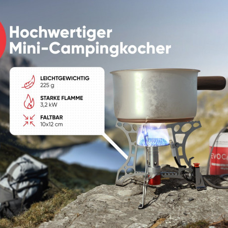 EVOCAMP EVOCAMP Gaskocher Mini Gaskocher 3.2 kW mit Piezo-Zunder, ideal fur Outdoor Camping  Газовая плита EVOCAMP Мини-газовая плита 3,2 кВт с пьезо-трутом, идеально подходит для кемпинга на открытом воздухе