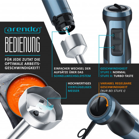 Arendo Arendo Stabmixer, 1000 W, Edelstahl, Purierstab, Turbotaste, abnehmbarer Mixfuss, Messbecher Ручной блендер Arendo, 1000 Вт, нержавеющая сталь, стержень для пюре, турбо-кнопка, съемная ножка для смешивания, мерный стакан.