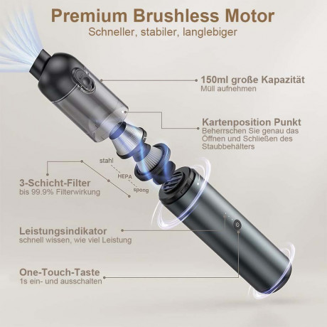 TUABUR TUABUR Akku-Handstaubsauger Handstaubsauger, 16.000 PA, leistungsstarker Auto-Staubsauger, Drei-in-Eins-Multifunktions-Ministaubsauger mit 8000 mAh, Geeignet fur Autos, Wohnungen und Buros Asche Беспроводной ручной пылесос TUABUR Ручной пылесос, 16