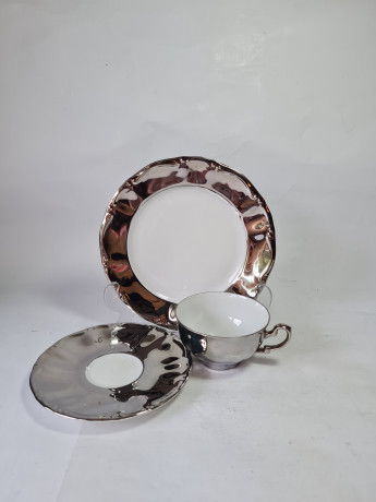 Чайное трио винтажное Kronester Bavaria, серебристо-белый фарфор, Германия, 1960-1970гг.