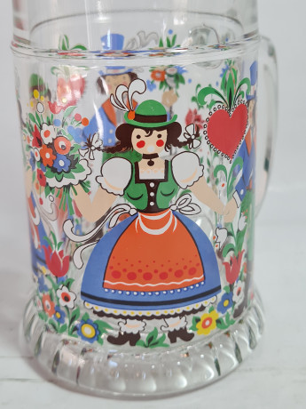 Кружка пивная винтажная W.Germany с ярким декором "Влюбленная парочка", стекло, 0.5 л, 2 шт., 14,5 см, Германия, 1960-70гг.