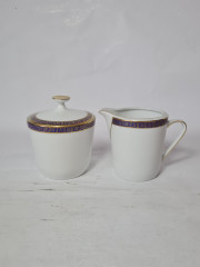Молочник и сахарница винтажные PMR Jager &amp; Co Bavaria, белый фарфор с золотисто-голубым узором, 11 x 8,5 см / 15 см / 20,5 см, Германия, 1960-70гг.