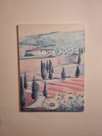 Картина винтажная Aler Corane "Пейзаж с домиком и цветами", 77 x 57 см, Германия, 1960-1970гг.