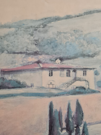 Картина винтажная Aler Corane "Пейзаж с домиком и цветами", 77 x 57 см, Германия, 1960-1970гг.