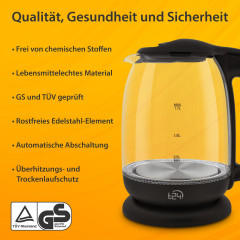 T24 T24 Wasserkocher Borosilikatglas Wasserkocher mit LED 2200 Watt 1,7 Liter THV schwarz, 1.7 l, 2200 W  Чайник T24 Чайник из боросиликатного стекла со светодиодной подсветкой 2200 Вт 1,7 л THV черный, 1,7 л, 2200 Вт
