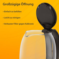 T24 T24 Wasserkocher Borosilikatglas Wasserkocher mit LED 2200 Watt 1,7 Liter THV schwarz, 1.7 l, 2200 W  Чайник T24 Чайник из боросиликатного стекла со светодиодной подсветкой 2200 Вт 1,7 л THV черный, 1,7 л, 2200 Вт