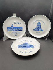 Набор декоративных винтажных тарелок Meissen &quot;Достопримечательности Лейпцига&quot;, фарфор, 3 шт., 17.5 см, ГДР, 1970-80гг.