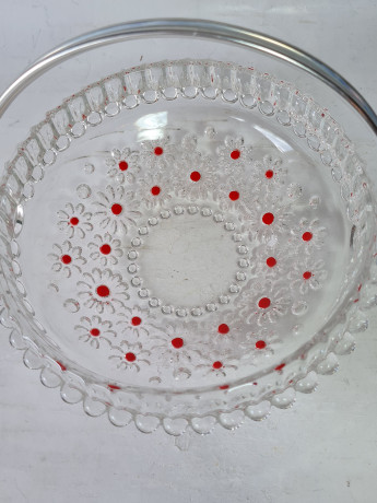 Конфетница винтажная Walther Glas, с красным декором, стекло, 18 x 6,5 см, Германия, 1960-70гг.