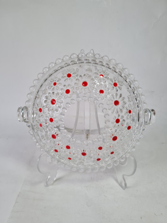 Конфетница винтажная Walther Glas, с красным декором, стекло, 18 x 6,5 см, Германия, 1960-70гг.